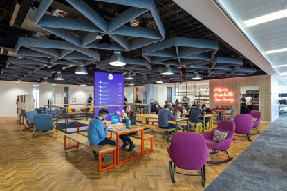 Large open plan working space with benches and rocking chairs